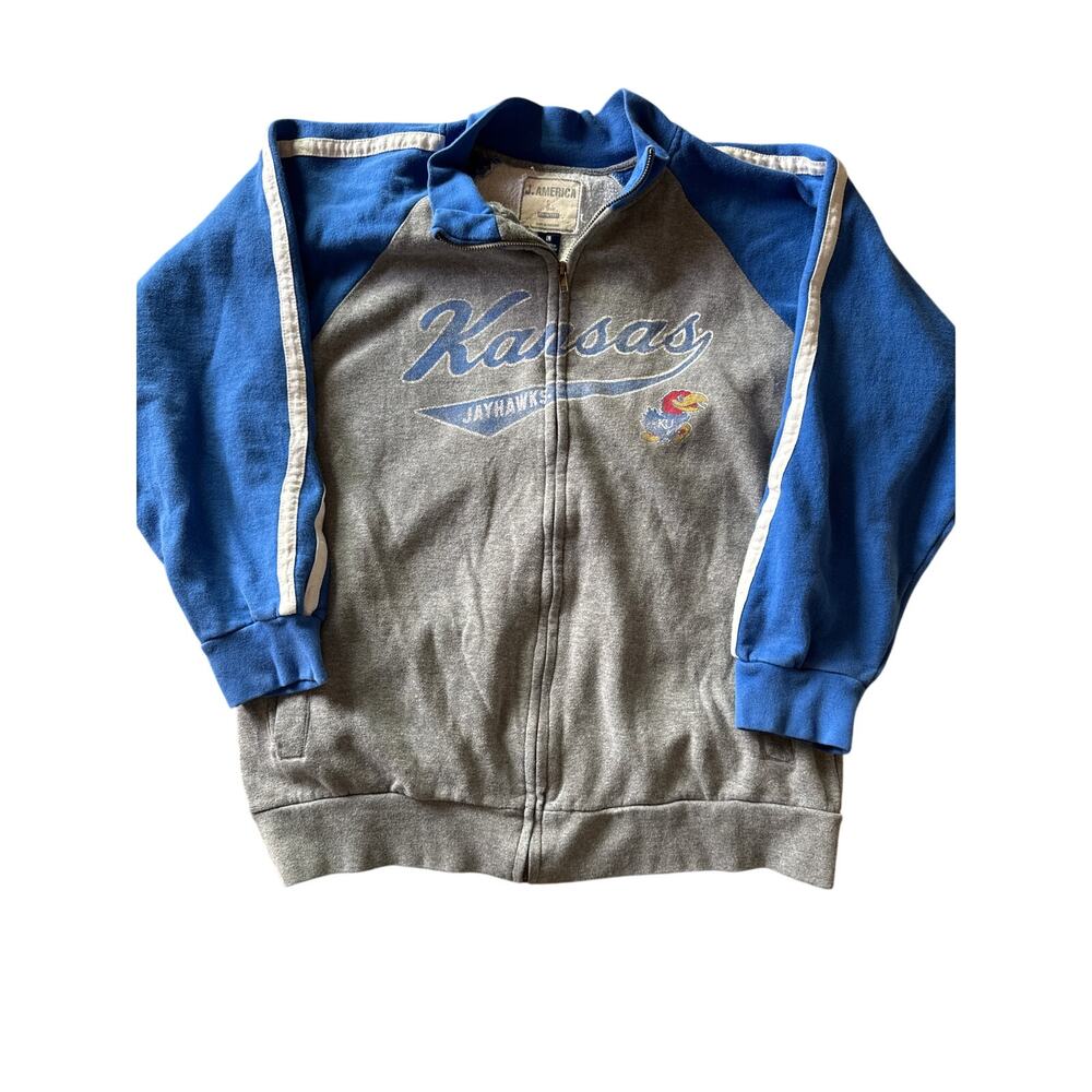 Vintage NCAA Kansas U Jayhawks J. America L Full Zip Gray Blue Sweat Jacket
